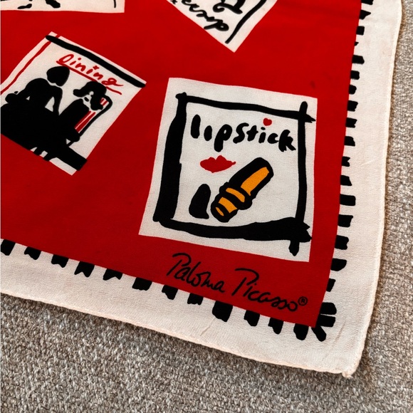✨PALOMA PICASSO Vintage “A Day in the Life”Silk Square Scarf Red Cream Black - Picture 2 of 10
